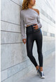 Kadın Siyah Deri Yüksek Belli Agraf Detaylı Likralı Pantolon GK-ART4167