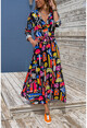 Kadın Siyah-Desenli Kemerli Cepli Eteği Kiloş Gömlek Elbise Bst3224