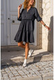 Kadın Siyah Eteği Piliseli Yarım Patlı Saten Elbise Bst3213