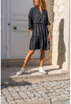 Kadın Siyah Eteği Piliseli Yarım Patlı Saten Elbise Bst3213