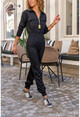 Kadın Siyah Fermuarlı Cepli Beli Lastikli Triko Tulum GK-CCK5055