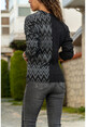 Womens Black-Grey Silvery Zigzag Garnish V-Neck Sweater GK-BST2778