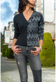 Womens Black-Grey Silvery Zigzag Garnish V-Neck Sweater GK-BST2778