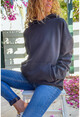 Kadın Siyah Kanguru Cep Üç İplik Kapüşonlu Sweatshirt Hs100