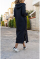 Kadın Siyah Kapüşonlu Fermuarlı İçi Polar Oversize Sweat Elbise GK-TD1985