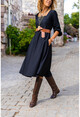 Kadın Siyah Kare Yaka Kendinden Kemerli Kiloş Elbise GK-BST3188