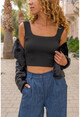 Kadın Siyah Kare Yaka Likralı Crop Bluz Cm252