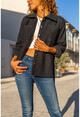 Kadın Siyah Kaşe Oversize Çift Cep Ceket Gömlek Bst3275