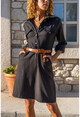 Kadın Siyah Kaşe Yarım Patlı Cepli Düğmeli Elbise Bst3278