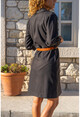Kadın Siyah Kaşe Yarım Patlı Cepli Düğmeli Elbise Bst3278