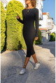 Kadın Siyah Kendinden Dokulu Arkası Büzgülü Uzun Elbise Bst3281