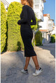Kadın Siyah Kendinden Dokulu Arkası Büzgülü Uzun Elbise Bst3281