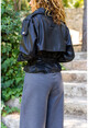 Kadın Siyah Kendinden Kemerli Geniş Yakalı Oversize Deri Ceket Rm3555
