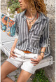 Womens Black Self Special Textured Asymmetric Pocket Loose Shirt Bst6459