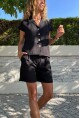 Kadın Siyah Keten Ceket Yaka Düğmeli Kısa Kol Gömlek Şort Takım Bst3402