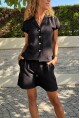 Kadın Siyah Keten Ceket Yaka Düğmeli Kısa Kol Gömlek Şort Takım Bst3402