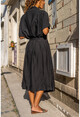 Kadın Siyah Keten Ceket Yaka Kemerli Salaş Elbise BST3162