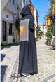 Kadın Siyah Keten Kapüşonlu Yanı Yırtmaçlı Sırtı Baskılı Uzun Elbise BST3225