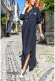 Kadın Siyah Keten Kapüşonlu Yanı Yırtmaçlı Sırtı Baskılı Uzun Elbise BST3225