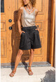 Womens Black Linen Self Belt Pleated Loose Shorts BST7094