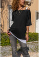 Kadın Siyah Omzu Bantlı Asimetrik Salaş T-Shirt CCK9085