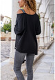 Kadın Siyah Omzu Bantlı Zımbalı Asimetrik Kesim Sweatshirt GK-CCK2222