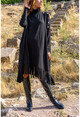 Kadın Siyah Omzu Düğme Detaylı Altı Püsküllü Salaş Triko Elbise GK-CCK2190