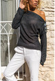Kadın Siyah Omzu Düğmeli Kendinden Dokulu Simli İnce Örme Bluz GK-BST2995
