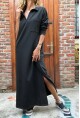 Kadın Siyah Polo Yaka Yanı Yırtmaçlı Tek Cep Uzun Salaş Elbise Bst3463