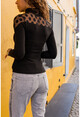 Kadın Siyah Puanlı Tül Garnili İnce Örme Bluz GK-MSS101