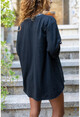 Womens Black Sequin Embroidered Washed Linen Pocket Loose Shirt RSD2080