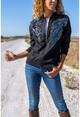Kadın Siyah Pullu Kanatlı Fermuarlı Eteği Lastikli Ceket Td2036