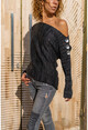 Womens Black Silvery Shoulder Decollete Buttoned Sweater GK-CCK2747