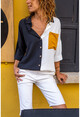 Womens Black Single Pocket Color Block Loose Shirt BST3071
