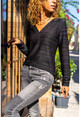 Womens Black V-Neck Self-Textured Basic Blouse GK-BST3191