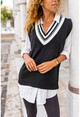 Womens Black V-Neck Sleeveless Oblique Striped Vest GK-CCK8010