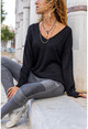 Womens Black V-Neck Loose Soft Textured Basic Sweater GK-CCK7090