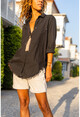 Kadın Siyah Yanı Düğmeli Eteği Püsküllü Gömlek AYN1666