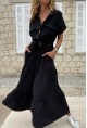 Kadın Siyah Yarım Patlı Eteği Piliseli Kendinden Kemerli Salaş Elbise Bst3336