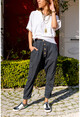 Kadın Siyah Yıkamalı Düğmeli Cepli Salaş Şalvar Pantolon RSD3006