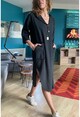 Kadın Siyah Yıkamalı Keten Kapüşonlu Yarım Patlı Cepli Elbise Rsd3064