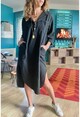 Kadın Siyah Yıkamalı Keten Kapüşonlu Yarım Patlı Cepli Elbise Rsd3064