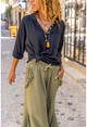 Kadın Siyah Yıkamalı Keten Tek Cep Yarım Patlı Bluz Rsd2070