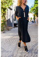 Kadın Siyah Yıkamalı Keten Yarım Patlı Cepli Elbise GK-RSD2083