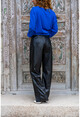 Kadın Siyah Yüksek Bel Bol Paça Cepli Deri Pantolon Art207