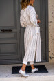 Kadın Somon Keten Şal Yaka Cepli Kendinden Kuşaklı Çizgili Kimono Elbise BST3373