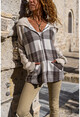 Womens Stone Pocket Hooded Raglan Sleeve Plaid Jacket Cardigan GK-BST3194