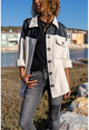 Kadın Taş Deri Garnili Sırtı Baskılı Kaşe Oversize Ceket Gömlek Bst3289