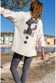 Kadın Taş Deri Garnili Sırtı Baskılı Kaşe Oversize Ceket Gömlek Bst3289