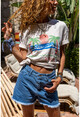 Kadın Taş Palmiye Baskılı Oversize T-Shirt Dv3